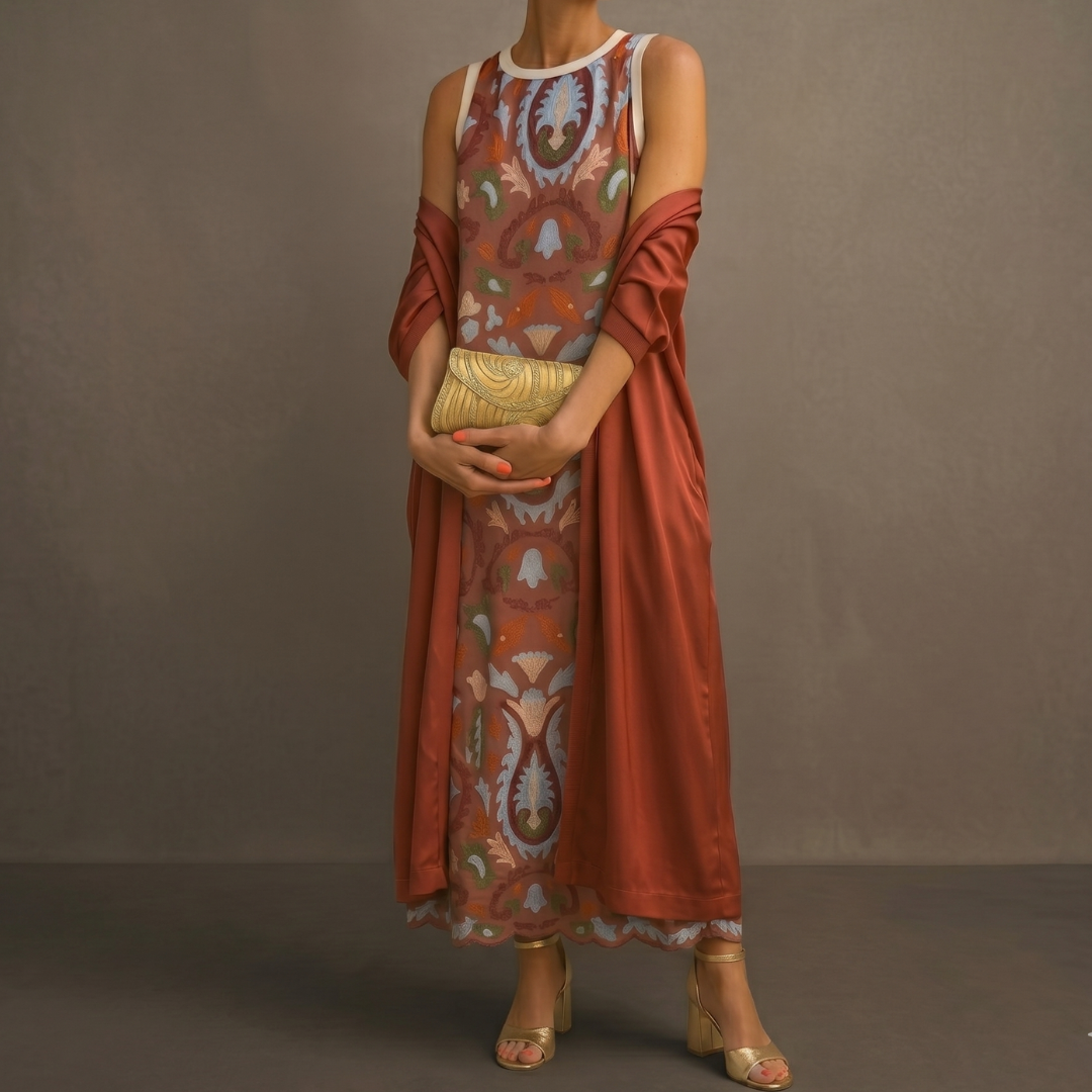 Conjunto de vestido largo para mujer con chaleco abierto a juego