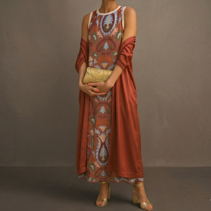 Conjunto de vestido largo para mujer con chaleco abierto a juego