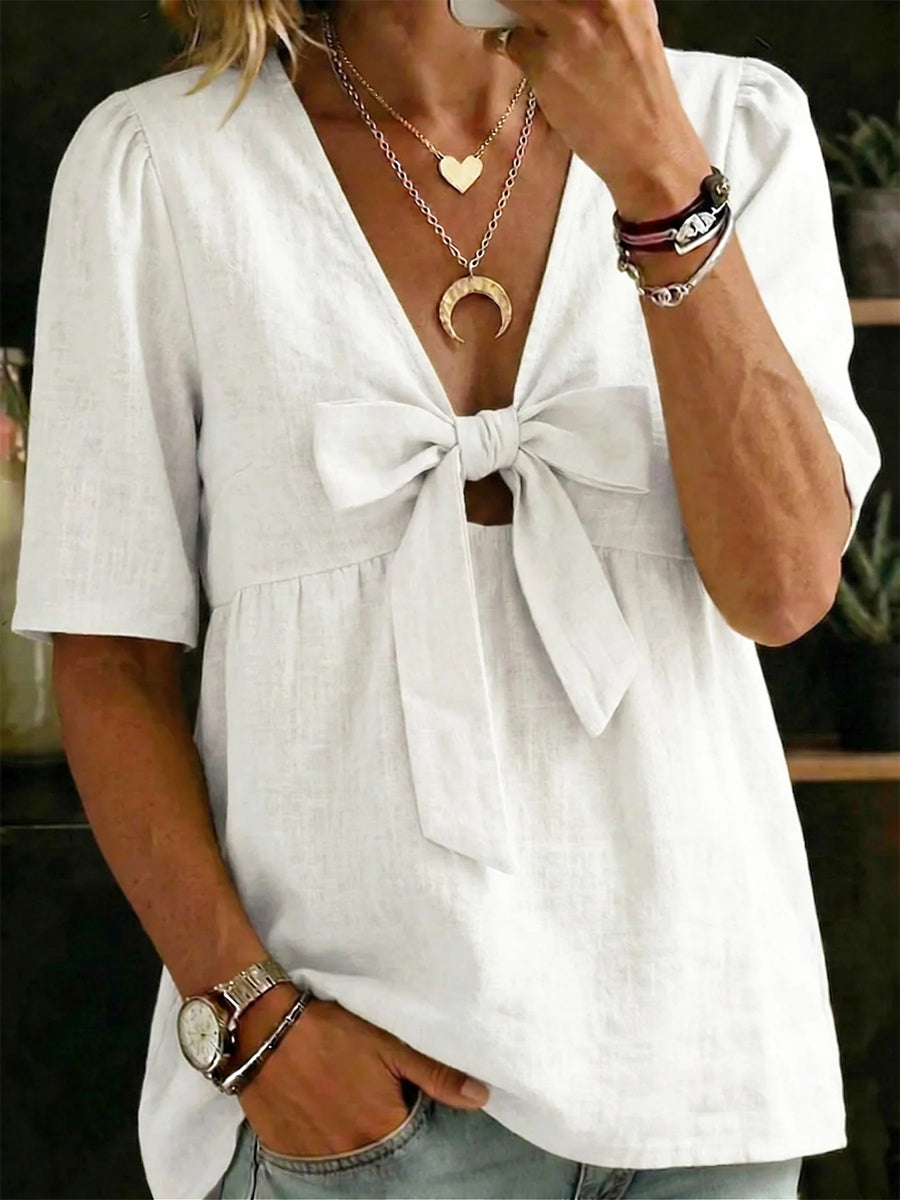 Blusa de dama de algodón y lino con lazo y escote en V