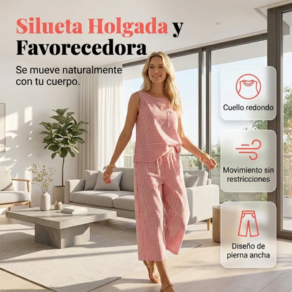 Conjunto de viscosa a rayas con pantalón capri casual verano