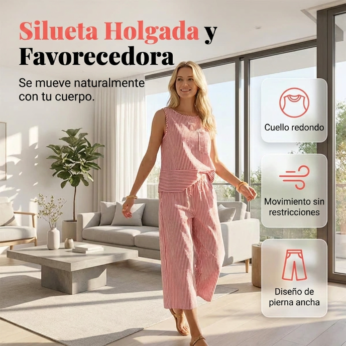 Conjunto de viscosa a rayas con pantalón capri casual verano