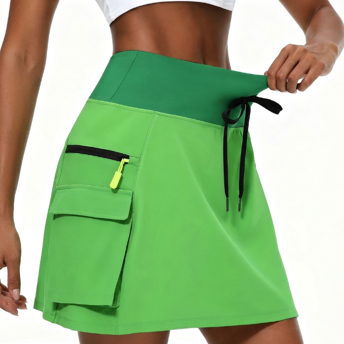 Falda corta mujer deportiva talle alto con bolsillos cremallera