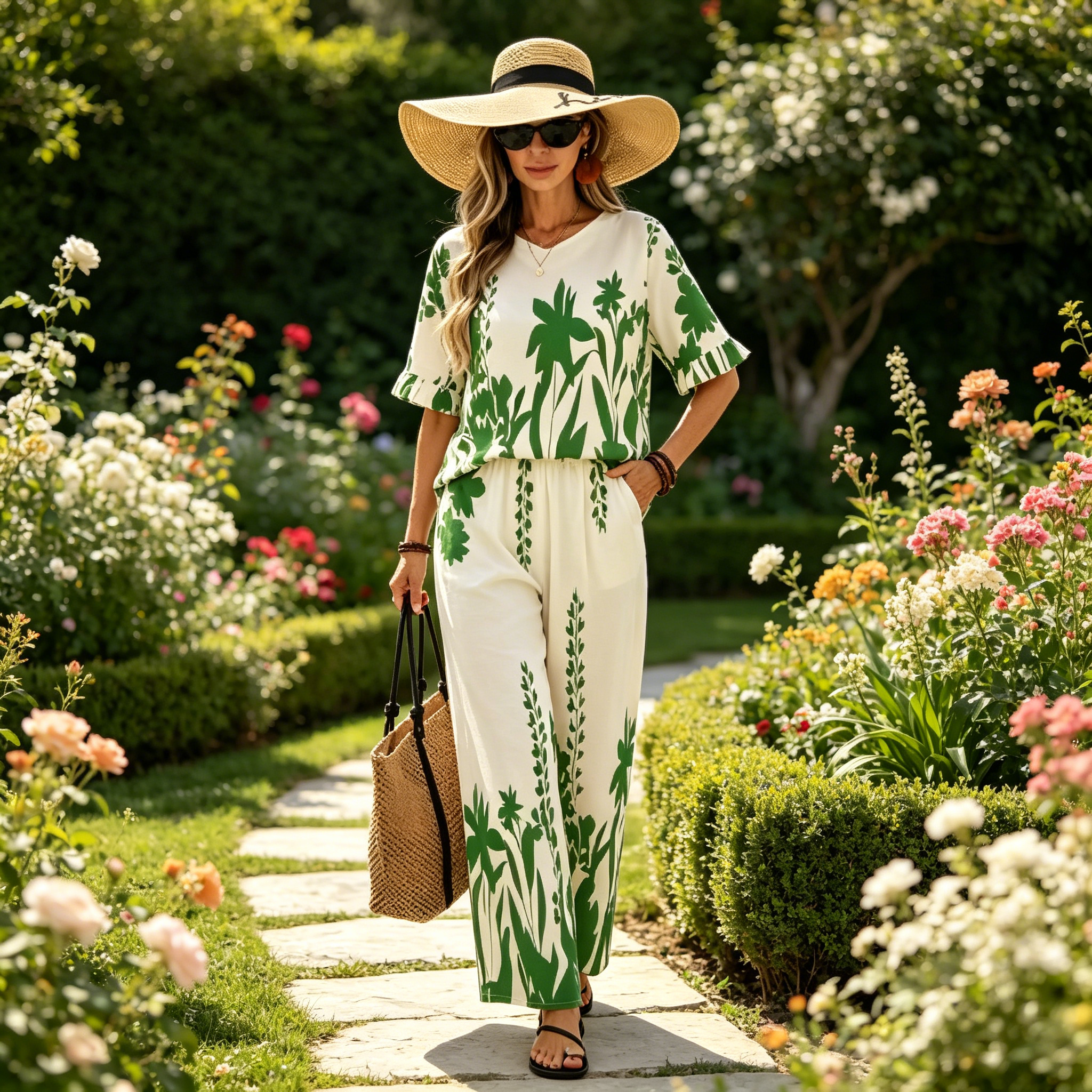 Conjunto de mujer con estampado tropical y pantalón ancho