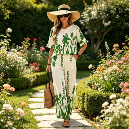 Conjunto de mujer con estampado tropical y pantalón ancho