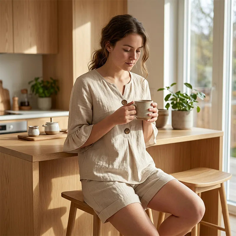 Conjunto de algodón para mujer con blusa de botones y shorts