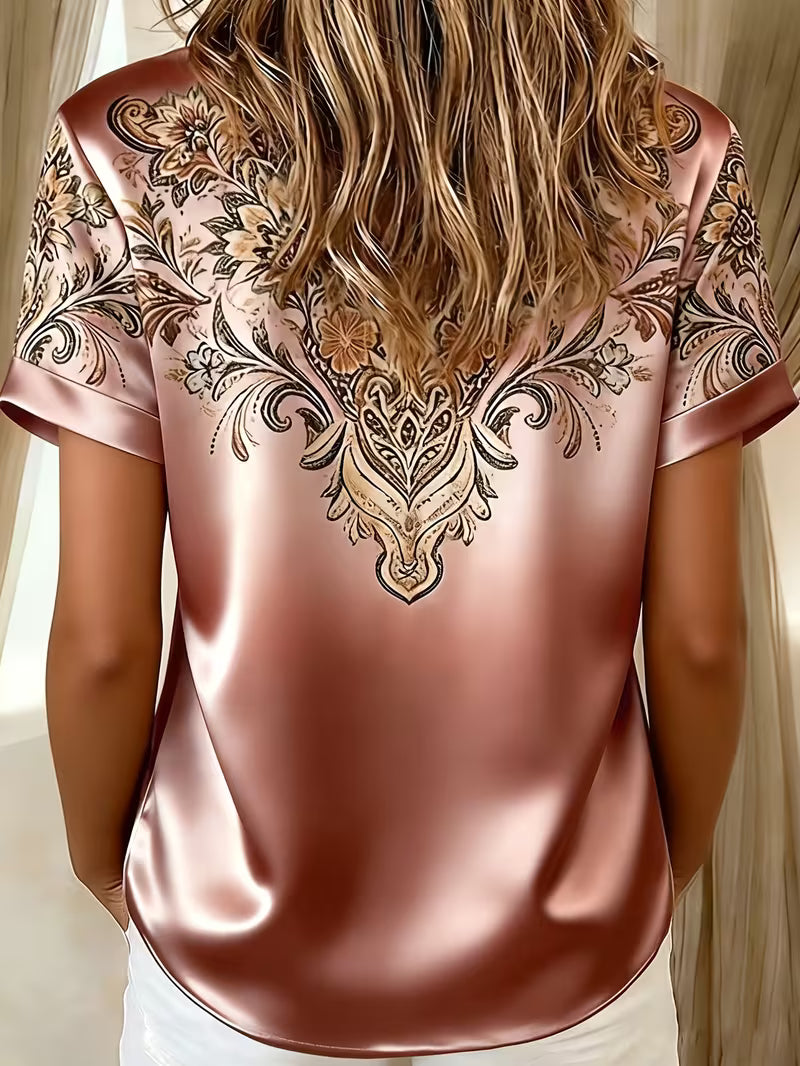 Blusa de satén para mujer con estampado floral y cuello clásico