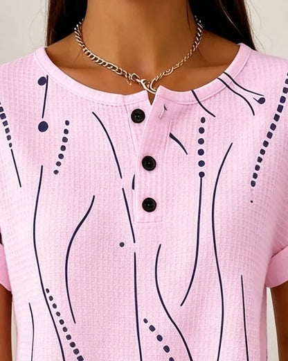 Camiseta de mujer de manga corta con estampado gráfico y botones