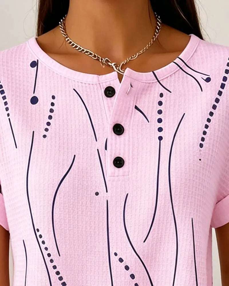 Camiseta de mujer de manga corta con estampado gráfico y botones
