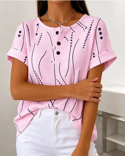Camiseta de mujer de manga corta con estampado gráfico y botones