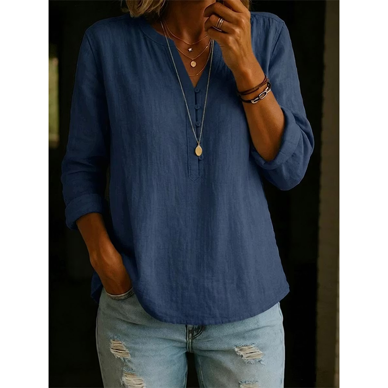 Camisa mujer amplia con cuello en V y botones