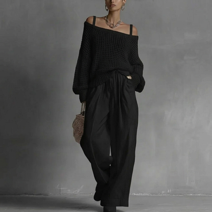 Conjunto de mujer con suéter calado y pantalón ancho