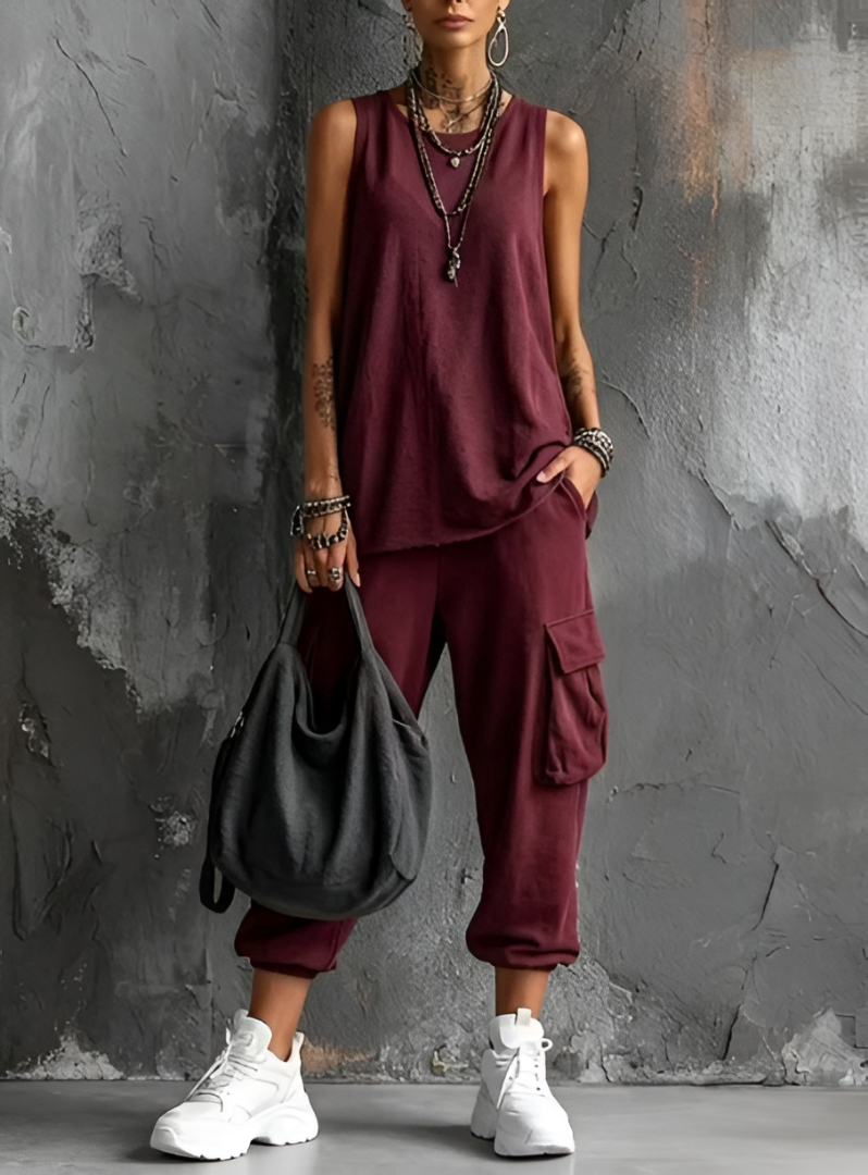 Conjunto de mujer con top sin mangas y pantalón cargo