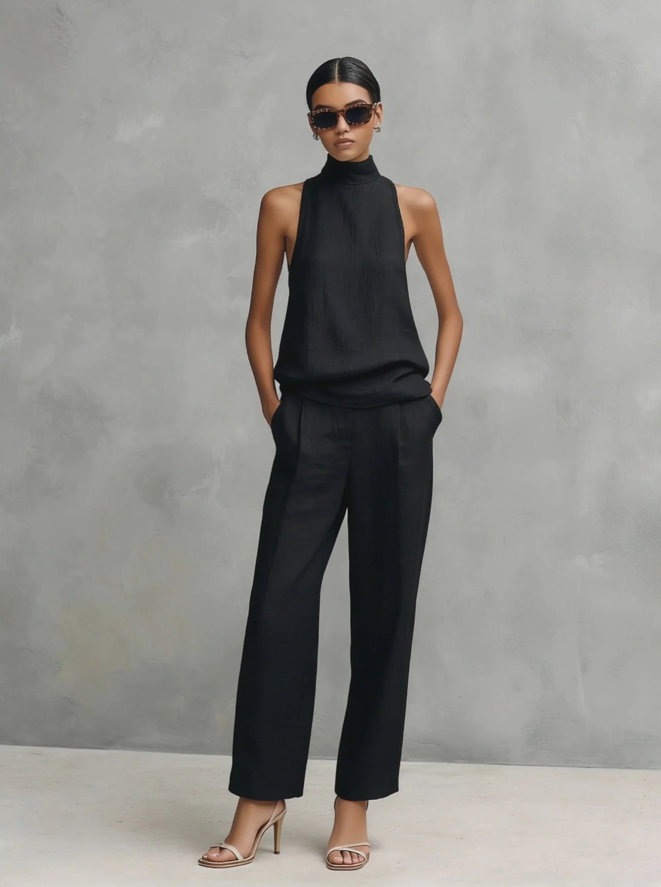 Conjunto de dama negro en lino y algodón con cuello alto