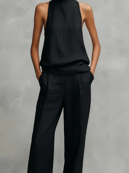 Conjunto de dama negro en lino y algodón con cuello alto