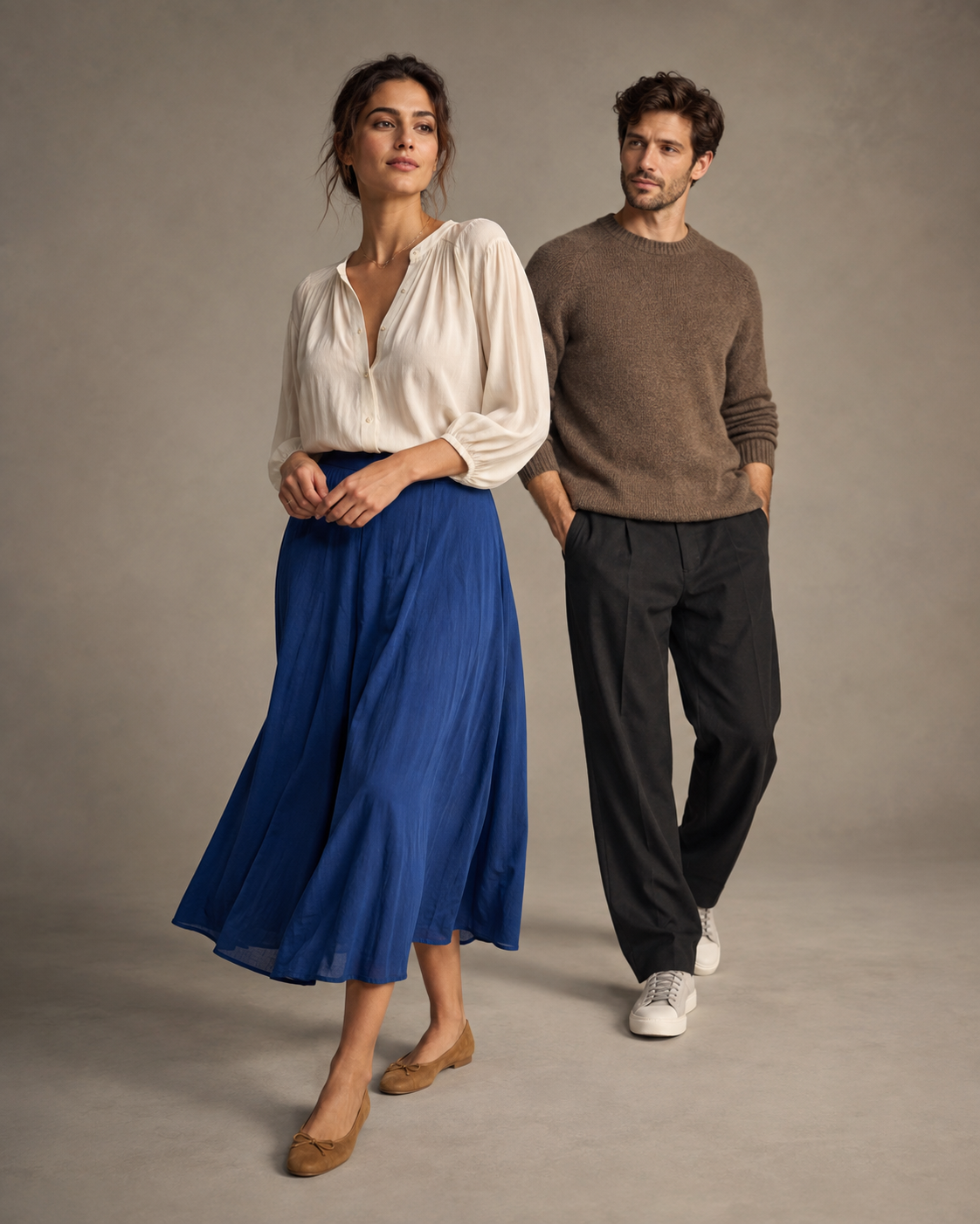 Composición editorial con dos adultos y distintas combinaciones de prendas y calzado.