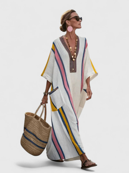 Noor | Vestido largo boho con ribete de rayas