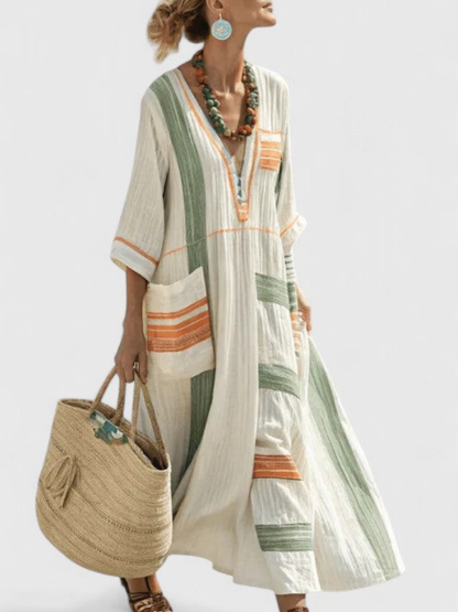 Noor | Vestido largo boho con ribete de rayas