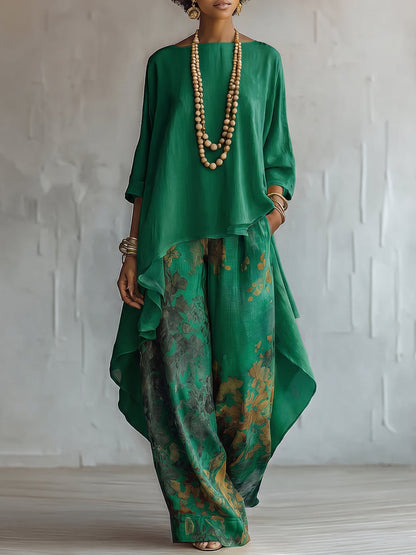 Conjunto mujer bohemio con blusa fluida asimétrica y pantalón floral