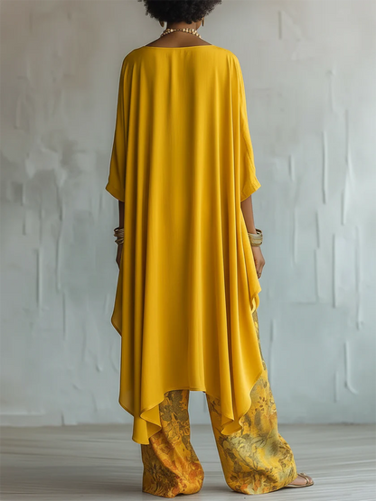 Conjunto mujer bohemio con blusa fluida asimétrica y pantalón floral
