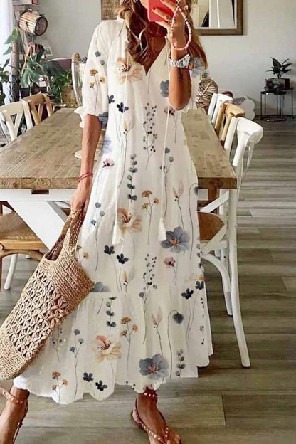 Raffaella | Vestido largo boho floral con borlas