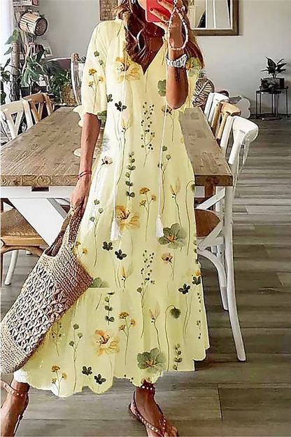 Raffaella | Vestido largo boho floral con borlas