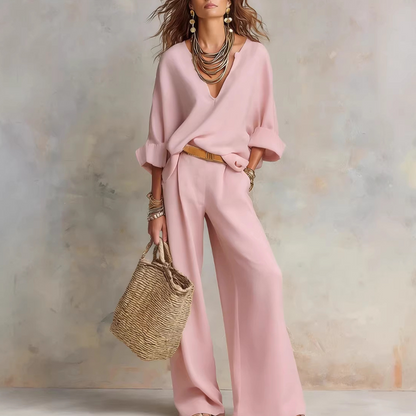 Conjunto mujer de dos piezas con blusa cuello en V y pantalón ancho