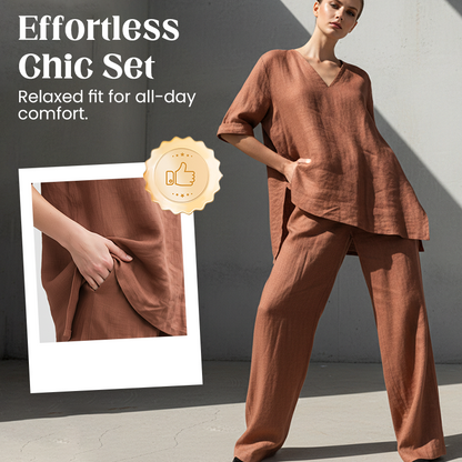 Conjunto de lino y algodón para mujer con pantalón ancho