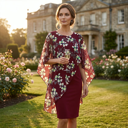 Conjunto de vestido para mujer con sobrecapa floral de chiffon