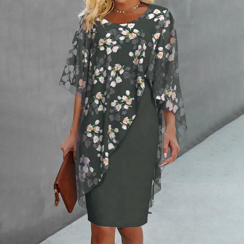 Conjunto de vestido para mujer con sobrecapa floral de chiffon