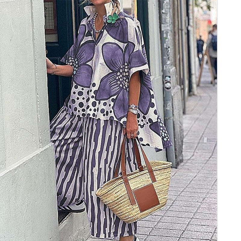 Conjunto tejido ligero con blusa botánica y pantalón ancho