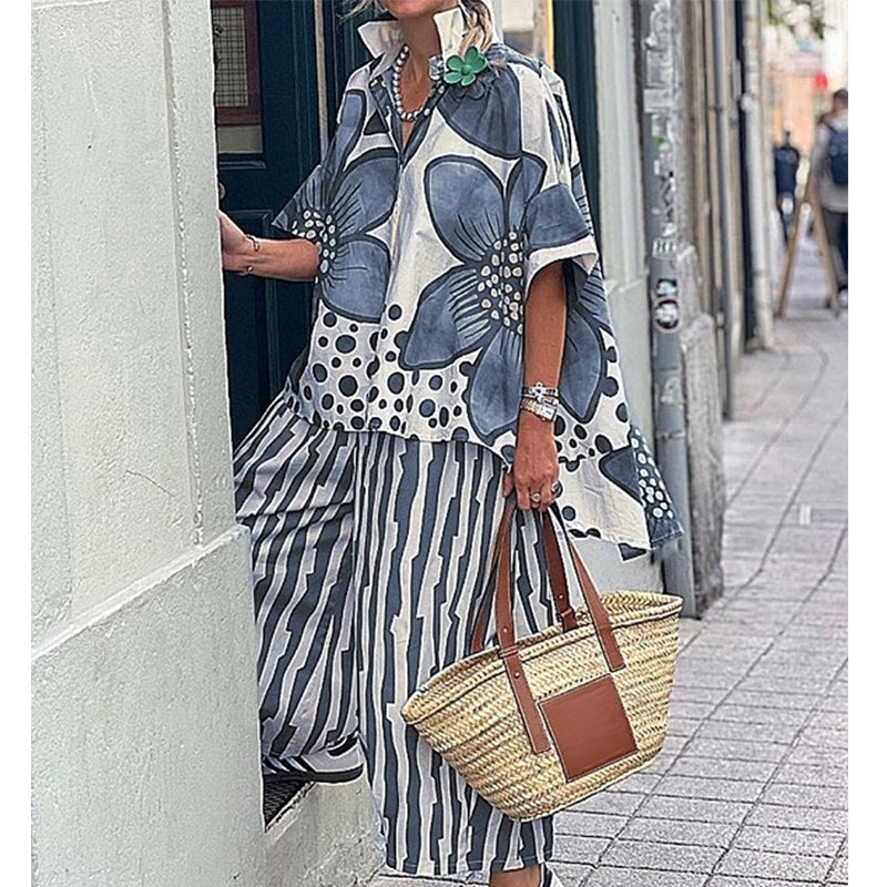 Conjunto tejido ligero con blusa botánica y pantalón ancho