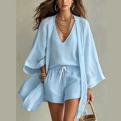 Conjunto mujer 3 piezas con kimono y short estilo resort