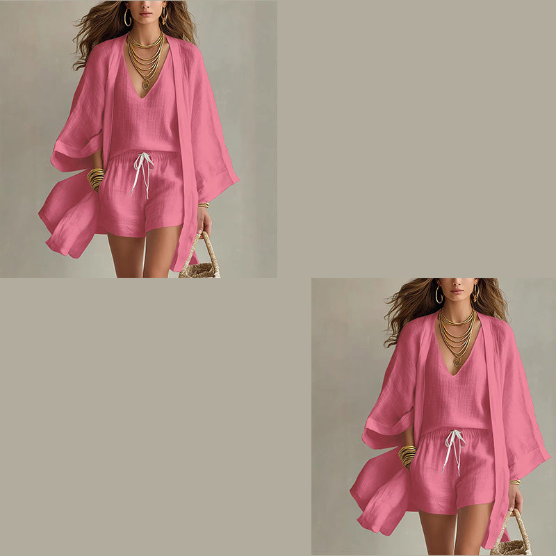 Conjunto mujer 3 piezas con kimono y short estilo resort