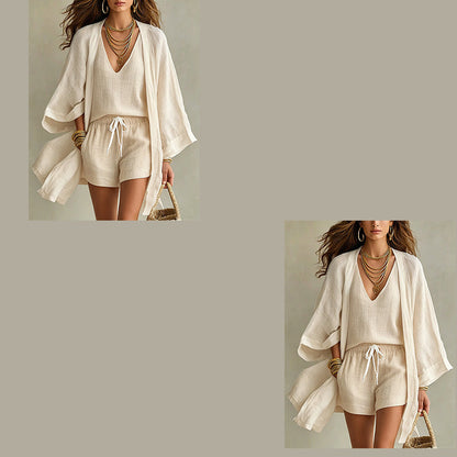 Conjunto mujer 3 piezas con kimono y short estilo resort