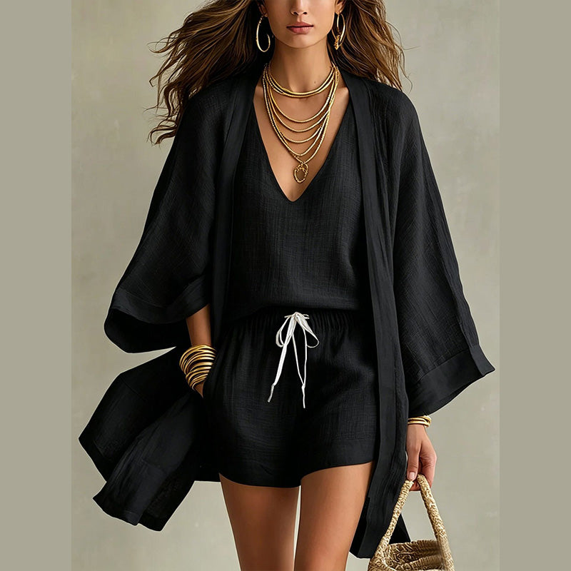 Conjunto mujer 3 piezas con kimono y short estilo resort