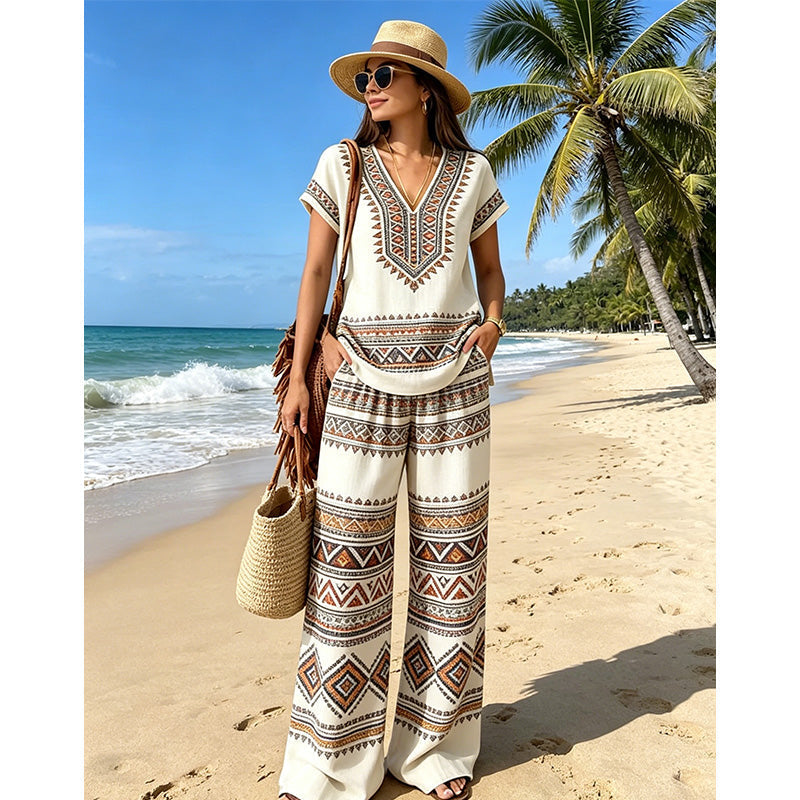 Conjunto de dos piezas para mujer con estampado bohemio y pantalón ancho