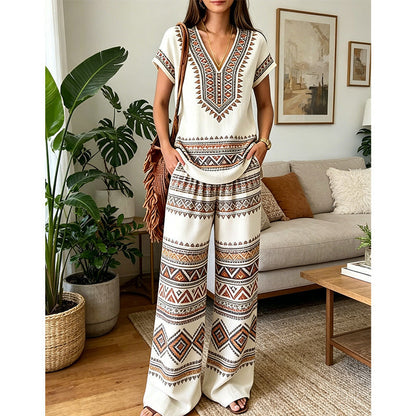 Conjunto de dos piezas para mujer con estampado bohemio y pantalón ancho