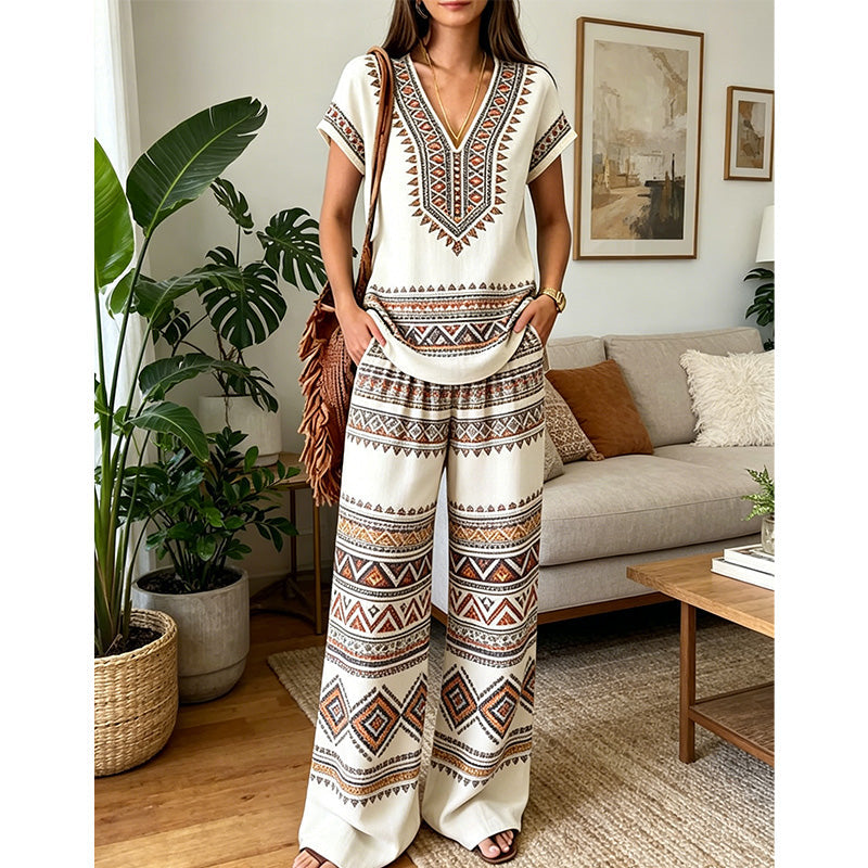 Conjunto de dos piezas para mujer con estampado bohemio y pantalón ancho
