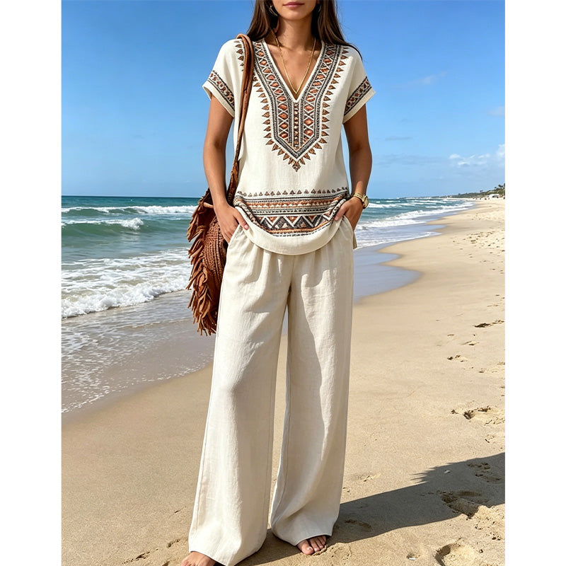 Conjunto de dos piezas para mujer con estampado bohemio y pantalón ancho