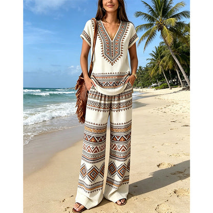 Conjunto de dos piezas para mujer con estampado bohemio y pantalón ancho