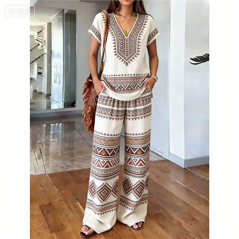 Conjunto de dos piezas para mujer con estampado bohemio y pantalón ancho