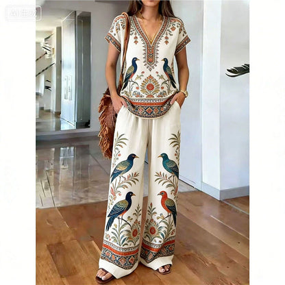 Conjunto de dos piezas para mujer con estampado bohemio y pantalón ancho