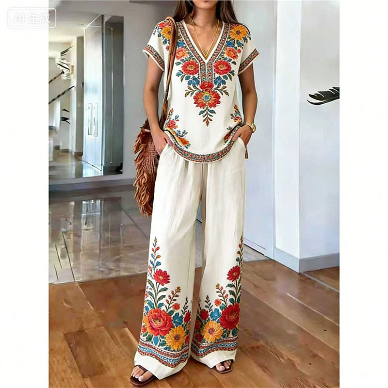 Conjunto de dos piezas para mujer con estampado bohemio y pantalón ancho