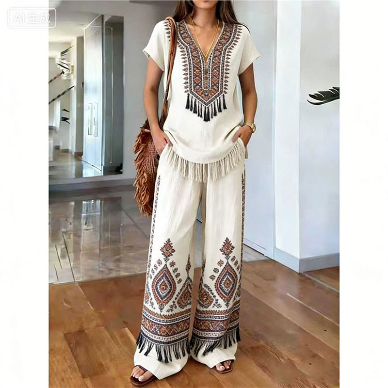 Conjunto de dos piezas para mujer con estampado bohemio y pantalón ancho