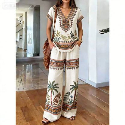 Conjunto de dos piezas para mujer con estampado bohemio y pantalón ancho