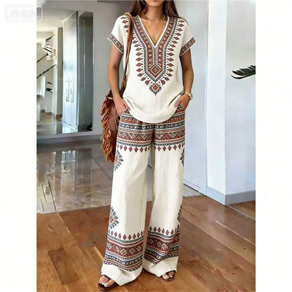 Conjunto de dos piezas para mujer con estampado bohemio y pantalón ancho