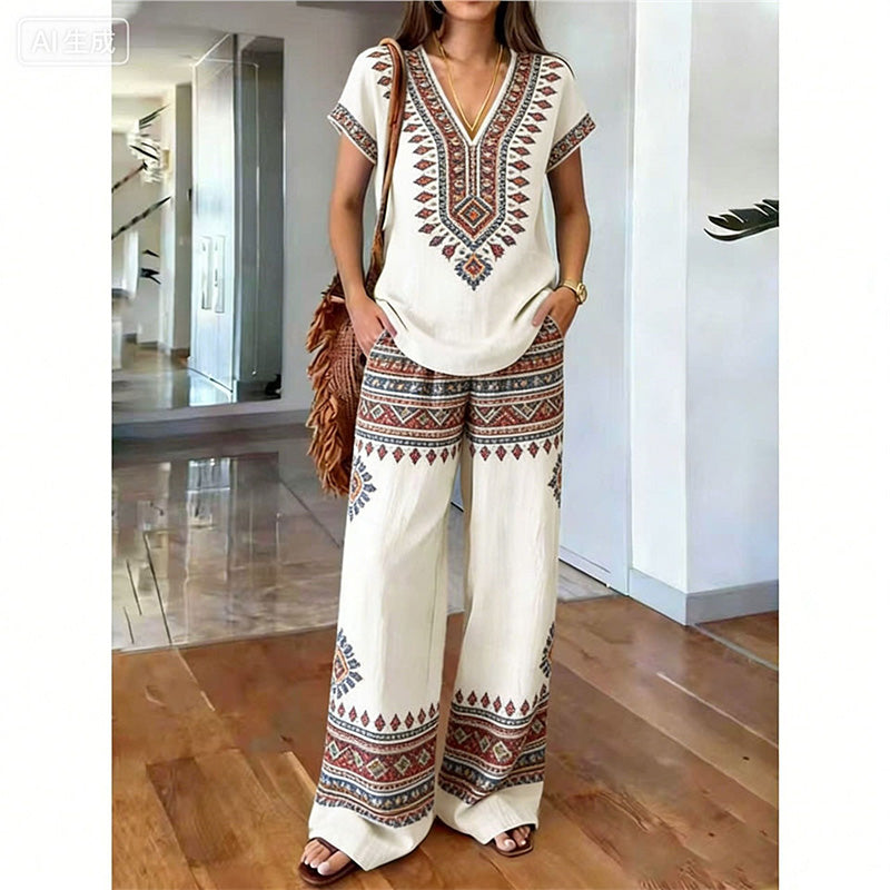Conjunto de dos piezas para mujer con estampado bohemio y pantalón ancho