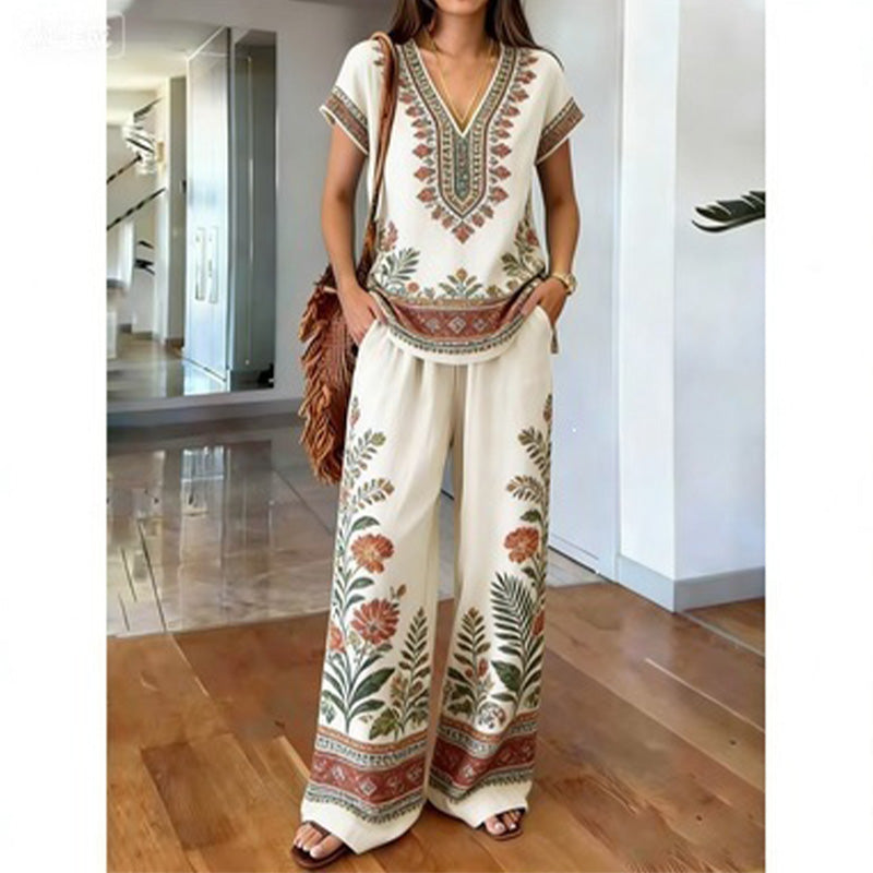 Conjunto de dos piezas para mujer con estampado bohemio y pantalón ancho