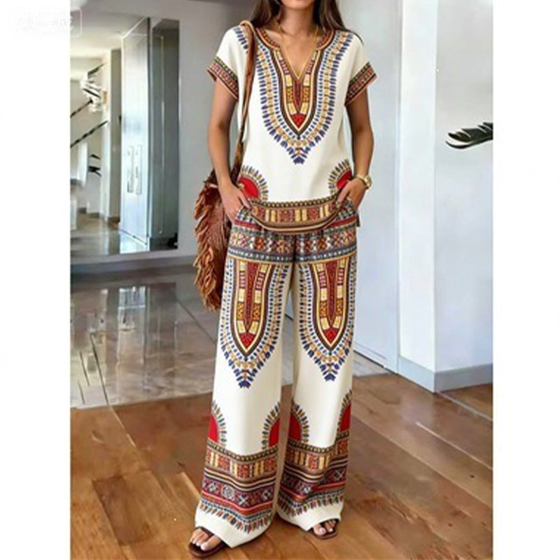 Conjunto de dos piezas para mujer con estampado bohemio y pantalón ancho