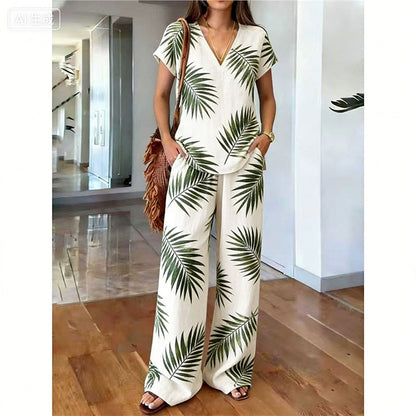 Conjunto de dos piezas para mujer con estampado bohemio y pantalón ancho